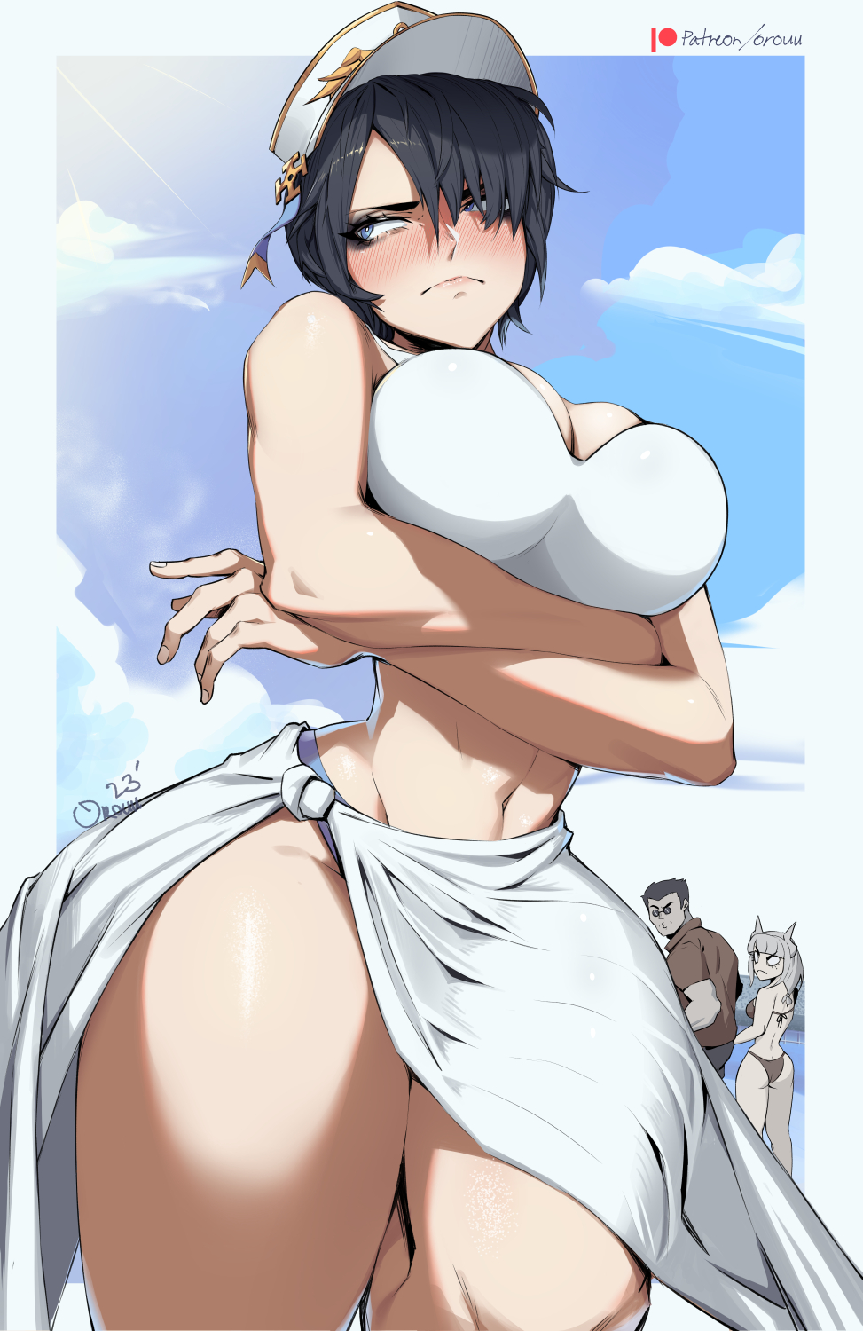 1boy 2girls angel archangel_(helltaker) artist_name beach black_hair blue_eyes blue_sky bra breasts cleavage crossed_arms demon demon_girl demon_horns distracted_boyfriend_(meme) grey_hair hat helltaker helltaker_(character) highres horns large_breasts looking_to_the_side lucifer_(helltaker) medium_breasts meme multiple_girls navel orouu panties patreon_logo patreon_username red_shirt round_eyewear shirt sky sunglasses thighs underwear white_horns