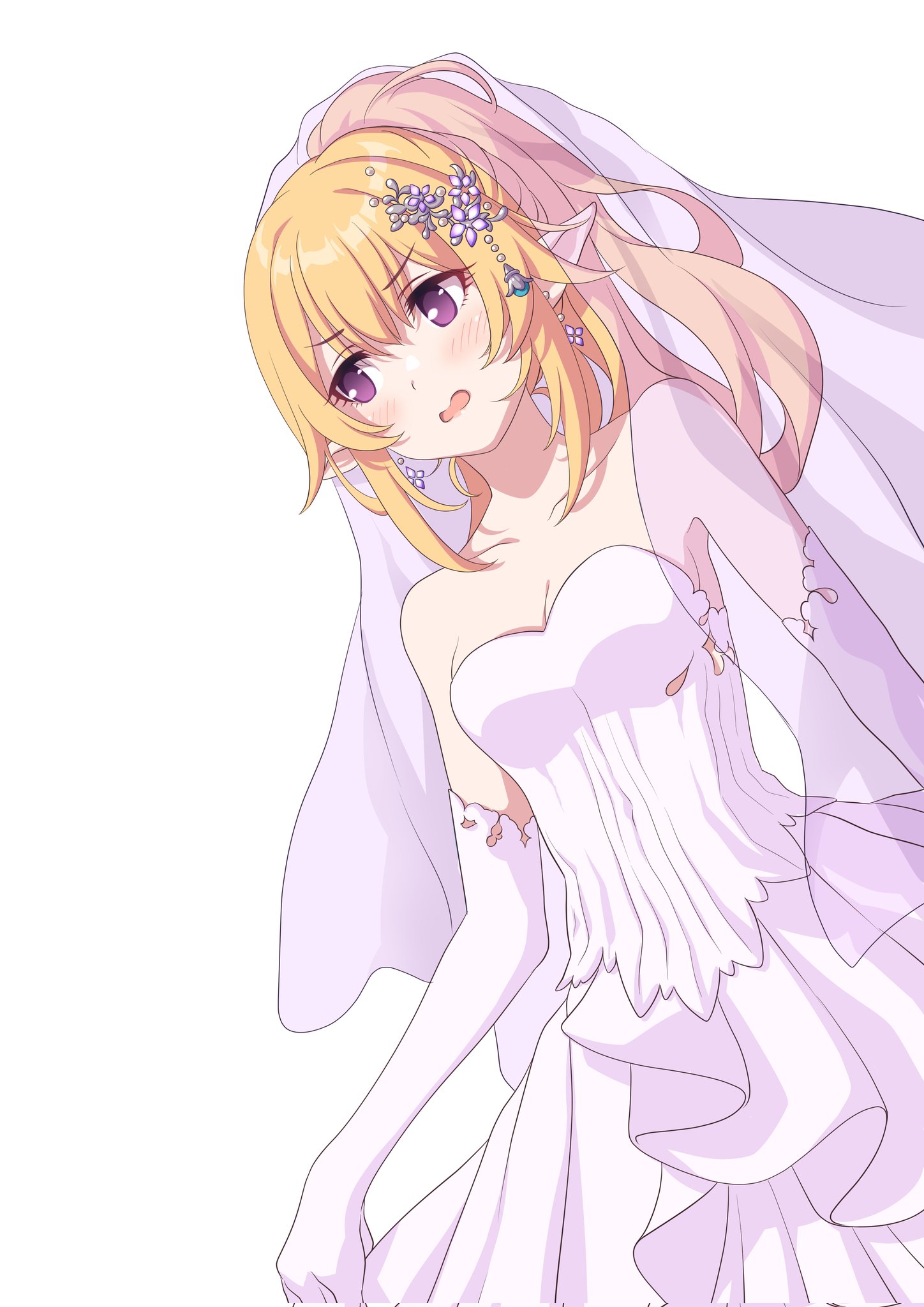 1girl bare_shoulders blonde_hair blush bridal_veil chloe_(princess_connect!) dress earrings gloves hair_ornament highres holding holding_unworn_clothes jewelry long_hair looking_to_the_side open_mouth pointy_ears purple_eyes simple_background tsukachii veil wavy_mouth wedding_dress white_background