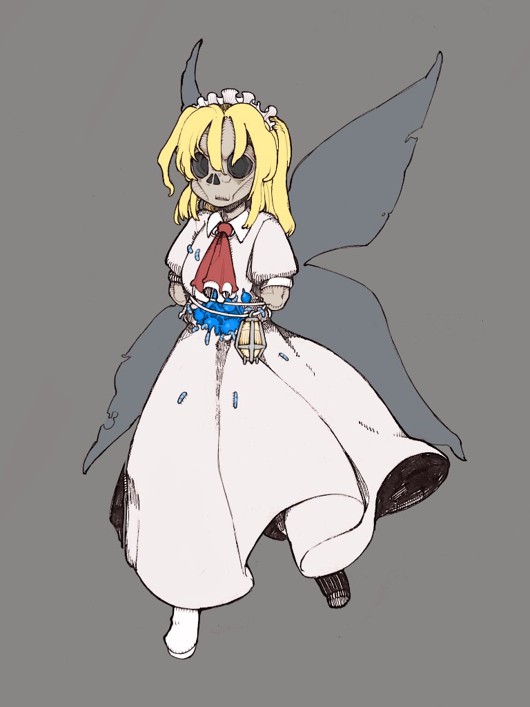 1girl amputee ascot blonde_hair blue_wings body_horror bolos boots collared_shirt colored_skin commentary death double_amputee english_commentary eye_socket fairy fairy_maid_(touhou) fairy_wings full_body grey_background grey_skin lantern long_hair long_skirt maggot maid_headdress nostrils one_side_up parted_lips pleated_skirt puffy_short_sleeves puffy_sleeves red_ascot shirt short_sleeves sidelocks simple_background skirt skirt_set solo torn_wings touhou white_boots white_shirt white_skirt wings wrinkled_skin zombie_fairy_(touhou) zombification