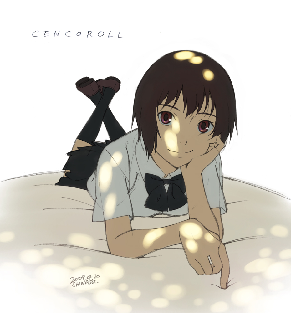 1girl brown_hair cencoroll dappled_sunlight female_focus foreshortening lying pleated_skirt purple_eyes ribbon school_uniform shiwasu_takashi shoes short_hair skirt smile socks solo sunlight tree_shade yuki_(cencoroll)