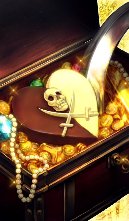 candy chocolate chocolate_heart coin commentary fate/grand_order fate_(series) food food_focus gold_coin hayosena heart heart-shaped_food jewelry necklace no_humans official_art pearl_necklace skull sword third-party_source treasure treasure_chest unworn_jewelry unworn_necklace weapon white_chocolate