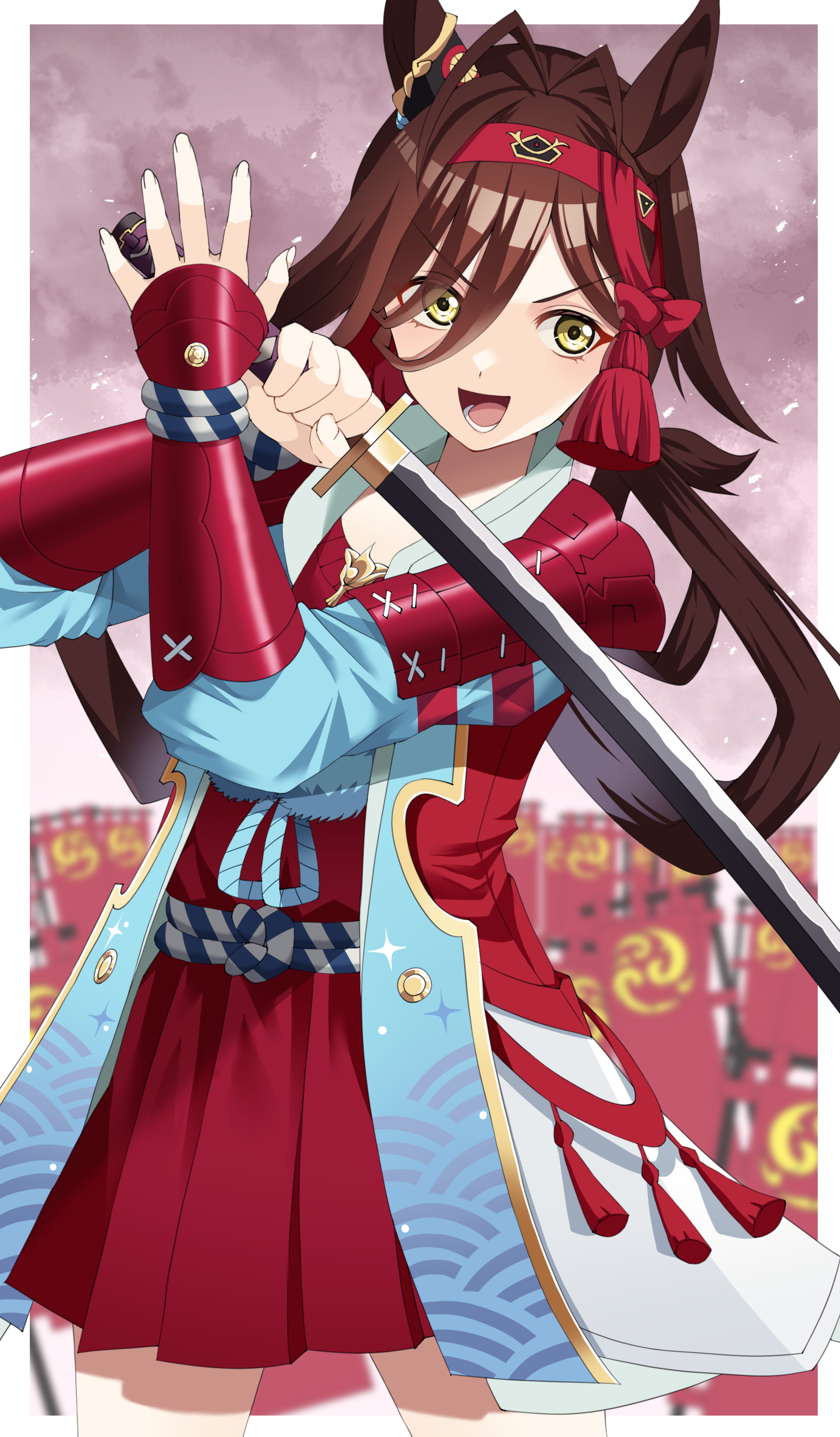 1girl absurdres animal_ears antenna_hair armor blurry blurry_background border brown_hair collarbone commentary_request full_body hair_between_eyes hair_ornament headband highres holding holding_sword holding_weapon horse_ears horse_girl japanese_armor jinbaori long_hair looking_at_viewer miniskirt no_reason_(umamusume) open_mouth outside_border pleated_skirt red_skirt shoes skirt smile solo sword tassel tassel_hair_ornament tawashi_hechima umamusume v-shaped_eyebrows weapon white_border yellow_eyes