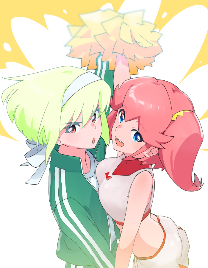 1boy 1girl :d :o aina_ardebit alternate_costume blonde_hair blue_eyes breasts cheerleader colored_eyelashes crop_top green_jacket green_track_suit headband holding holding_pom_poms jacket large_breasts lio_fotia ns1123 open_clothes open_jacket open_mouth pink_hair pom_pom_(cheerleading) pom_poms promare purple_eyes shirt short_hair side_ponytail skirt smile track_suit trap v-shaped_eyebrows white_headband white_shirt white_skirt