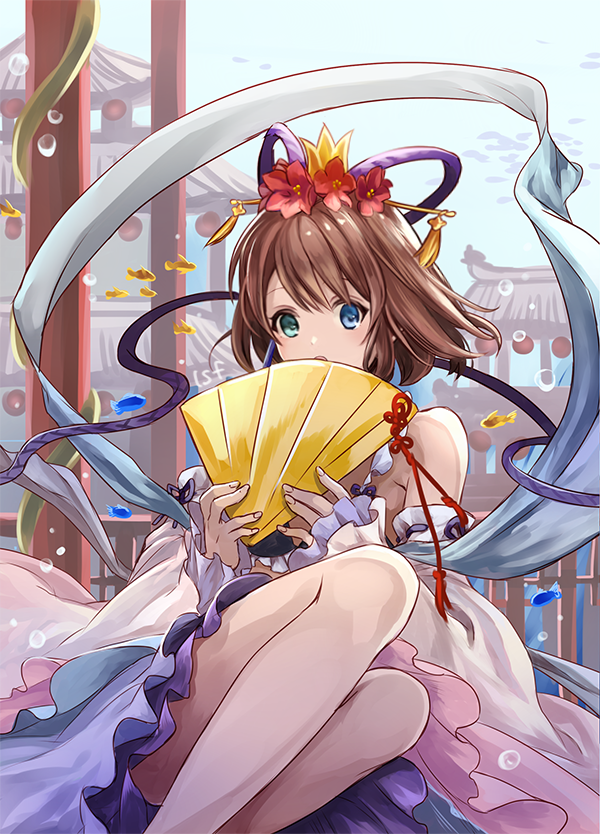 1girl architecture bare_shoulders blue_eyes brown_hair bubble detached_sleeves east_asian_architecture female_focus final_fantasy final_fantasy_x fingernails fish flower folding_fan green_eyes hagoromo hair_flower hair_ornament hair_stick hand_fan heterochromia holding holding_fan long_sleeves looking_at_viewer open_mouth red_flower ribbon-trimmed_sleeves ribbon_trim sasanomesi shawl short_hair solo wide_sleeves yuna