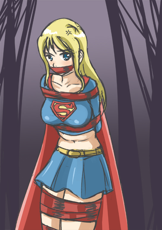 annoyed arms_behind_back bdsm belly bending bent_over bondage bound collarbone copyright_request gag improvised_gag jitan777 looking_at_viewer midriff navel original shibari supergirl tape tape_bondage tape_gag taped_arms