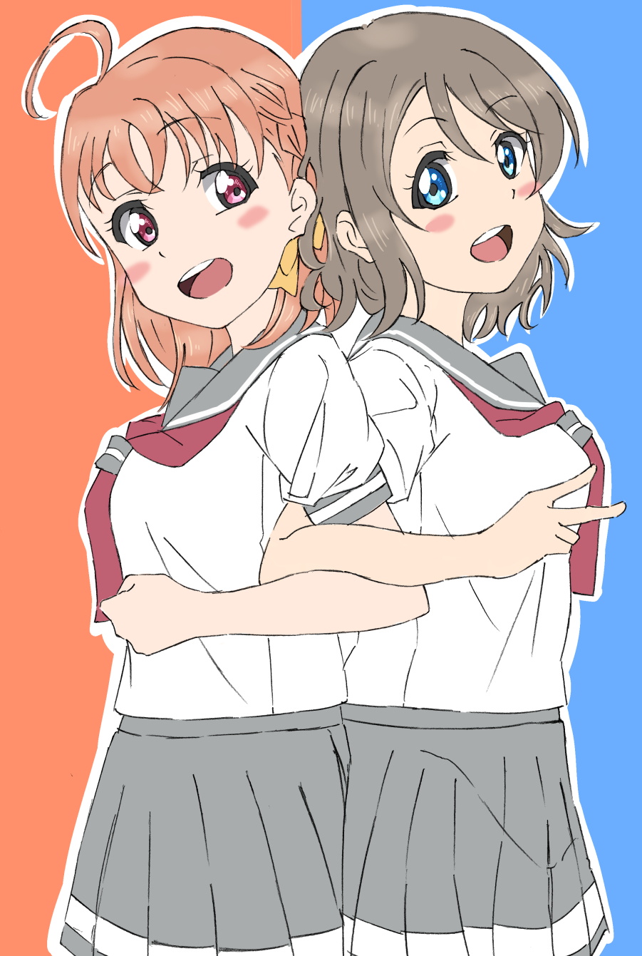 2girls ahoge blue_eyes blush bow brown_hair hair_bow highres love_live! love_live!_sunshine!! multiple_girls necktie school_uniform serafuku short_hair simple_background skt_(ryxxxxx) smile takami_chika v watanabe_you