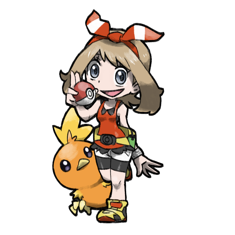 1girl :d bike_shorts bike_shorts_under_shorts black_shorts blacknirrow bracelet brown_hair commentary creatures_(company) english_commentary eyelashes fanny_pack game_freak gen_3_pokemon grey_eyes hairband holding holding_poke_ball jewelry may_(pokemon) medium_hair mega_ring nintendo open_mouth poke_ball poke_ball_(basic) pokemon pokemon_(creature) pokemon_oras red_hairband red_shirt red_tank_top shirt shoes short_shorts shorts simple_background smile standing standing_on_one_leg tank_top torchic white_background white_shorts yellow_bag yellow_shoes