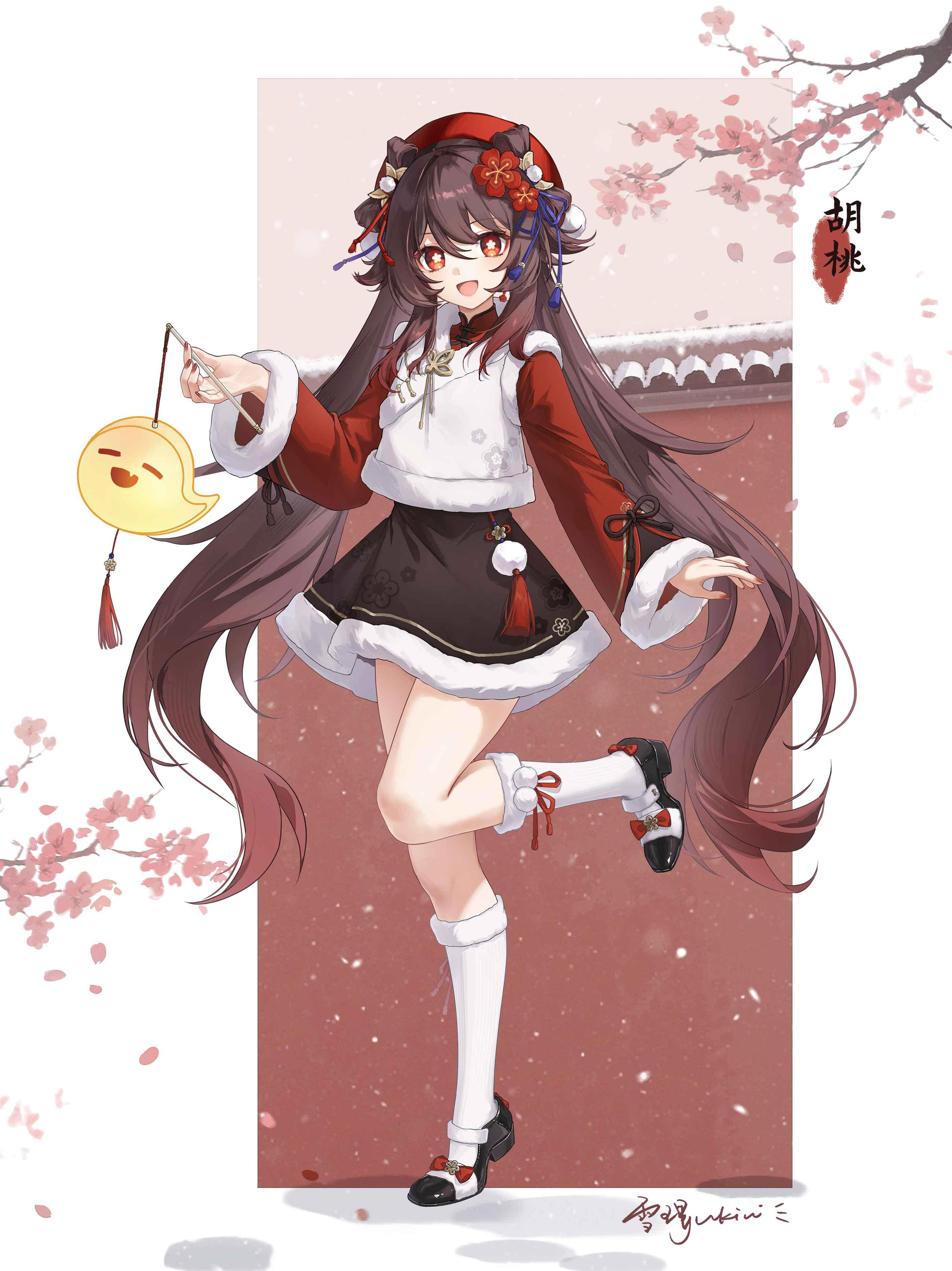 1girl absurdres alternate_costume beret black_shoes black_skirt bright_pupils brown_hair falling_petals flower-shaped_pupils full_body genshin_impact hair_between_eyes hair_ornament hat highres hu_tao_(genshin_impact) kneehighs long_hair long_sleeves looking_at_viewer open_mouth petals red_eyes red_hat red_shirt shirt shoes simple_background skirt smile socks standing standing_on_one_leg symbol-shaped_pupils twintails very_long_hair white_socks yukiri_(l_ii)