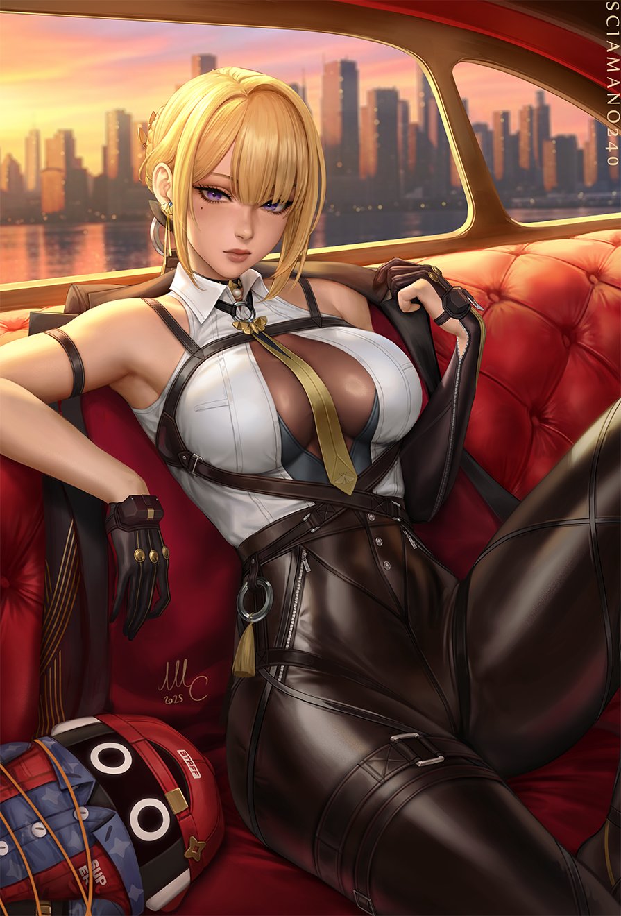 1girl arm_strap artist_name asymmetrical_gloves bangboo_(zenless_zone_zero) black_choker black_gloves black_jacket black_pants blonde_hair braid braided_bun breasts car_interior choker closed_mouth collarbone collared_shirt day elbow_gloves evelyn_chevalier fingerless_gloves gloves hair_bun high-waist_pants highres jacket jacket_on_shoulders large_breasts latex_pants lips looking_at_viewer mole mole_under_eye neckerchief necktie pants purple_eyes sciamano240 shirt single_elbow_glove single_fingerless_glove sitting sky sleeveless sleeveless_shirt solo tassel tight_clothes tight_pants uneven_gloves white_shirt window yellow_necktie zenless_zone_zero
