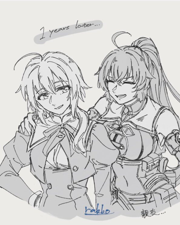 2girls ^_^ ahoge amano_soraha arm_at_side assault_lily bare_shoulders belt belt_pouch breasts buttons chest_belt closed_eyes covered_navel cropped_jacket cropped_torso crossed_bangs detached_sleeves grey_background greyscale hair_between_eyes hand_on_another&#039;s_shoulder hand_on_own_hip high-waist_skirt high_ponytail juliet_sleeves kondou_misaka large_breasts long_hair long_sleeves looking_at_another looking_to_the_side low_ponytail medium_breasts monochrome multiple_girls neck_ribbon open_mouth parted_lips ponytail pouch puffy_sleeves rakko_(rakko_stali99) ribbon school_uniform shirt sideways_glance simple_background skirt sleeveless sleeveless_shirt smile spot_color standing translated upper_body v-shaped_eyebrows yurigaoka_girls_academy_school_uniform