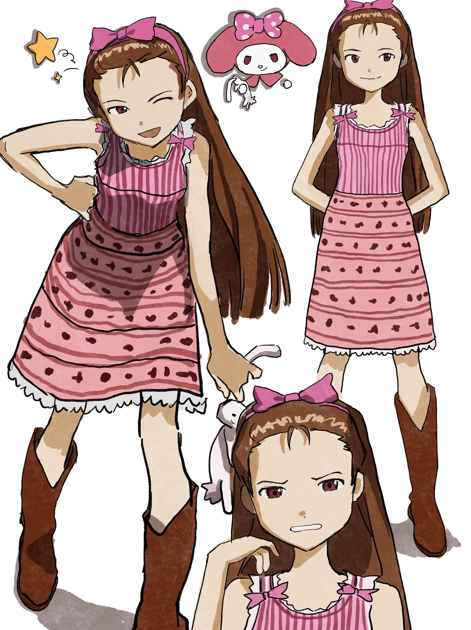 1girl aeo444 arms_behind_back bare_shoulders boots bow brown_boots brown_eyes closed_mouth hair_bow hairband highres holding holding_stuffed_toy idolmaster idolmaster_(classic) idolmaster_1 leaning_forward looking_at_viewer minase_iori multiple_views my_melody one_eye_closed onegai_my_melody open_mouth pink_bow pink_hairband pink_shirt pink_tank_top sanrio shadow shirt simple_background smile standing star_(symbol) striped_tank_top stuffed_animal stuffed_rabbit stuffed_toy tank_top usa-chan_(idolmaster) white_background