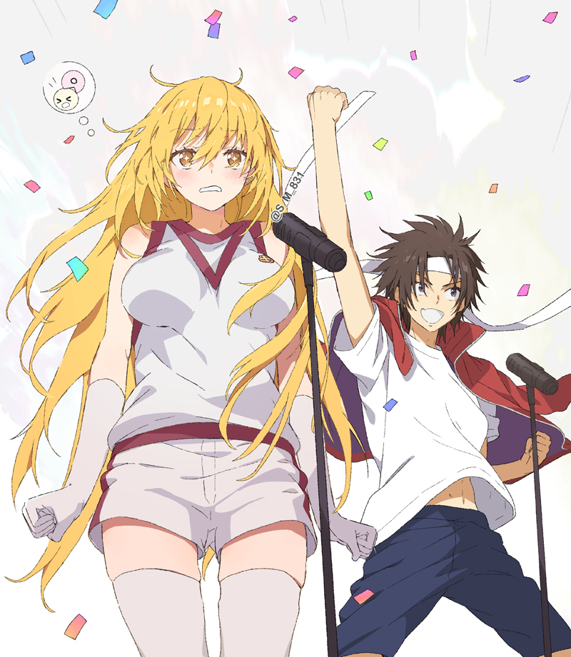 1boy 1girl arm_up arms_at_sides black_eyes black_hair black_shorts blonde_hair blush breasts clenched_hands confetti cowboy_shot elbow_gloves explosion gloves grin gym_shirt gym_shorts hand_up jacket jacket_on_shoulders large_breasts long_hair looking_to_the_side microphone_stand red_jacket s_m_831 shirt shokuhou_misaki short_hair shorts signature sleeveless sleeveless_shirt smile sogiita_gunha speech_bubble sports_festival standing star-shaped_pupils star_(symbol) stunned_silence symbol-shaped_pupils thighhighs thought_bubble toaru_kagaku_no_railgun toaru_kagaku_no_railgun_t toaru_majutsu_no_index tokiwadai_school_gym_uniform two-tone_shirt two-tone_shorts very_long_hair white_background white_gloves white_shirt white_shorts white_thighhighs yellow_eyes
