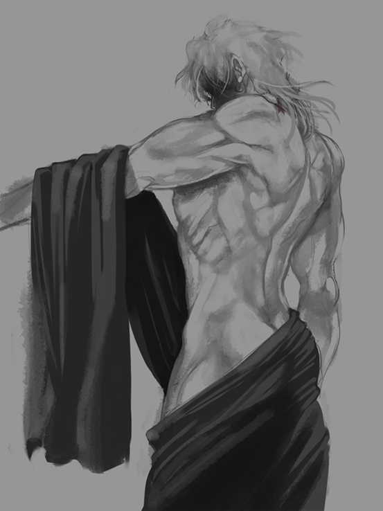 1boy birthmark covering_privates dio_brando greyscale joestar_birthmark jojo_no_kimyou_na_bouken male_focus merumeru626 monochrome muscular muscular_male nude_cover shade solo stardust_crusaders topless_male