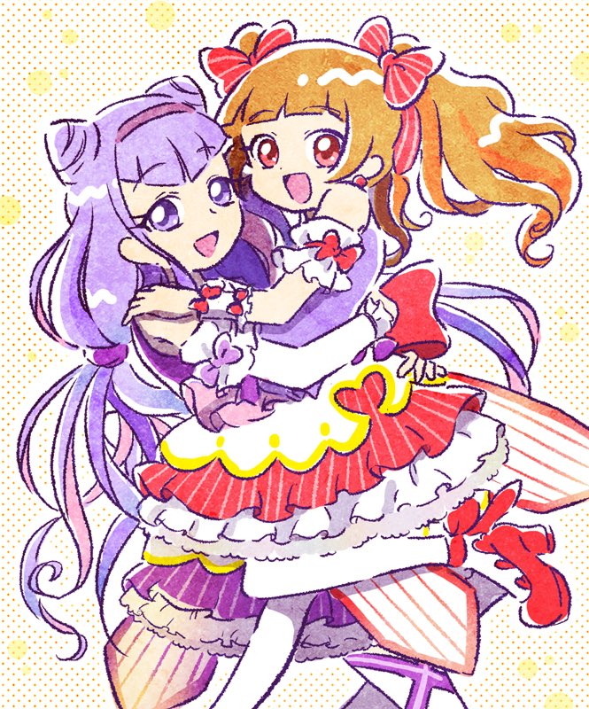 2girls :d aisaki_emiru blunt_bangs bow brown_hair commentary_request cone_hair_bun dress hair_bow hair_bun hairband hoppetoonaka3 hug hugtto!_precure jewelry layered_dress long_hair low_twintails magical_girl multiple_girls open_mouth precure purple_bow purple_eyes purple_hair red_bow red_eyes ruru_amour smile twintails