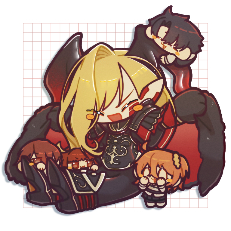 2boys 3girls black_hair blonde_hair blush boots brown_hair demon_girl dragon_horns fate/grand_order fate_(series) fujimaru_ritsuka_(female) fujimaru_ritsuka_(male) happy horns kishinami_hakuno_(female) kishinami_hakuno_(male) knee_boots multiple_boys multiple_girls nero_claudius_(fate) orange_hair pointy_ears queen_draco_(fate) queen_draco_(third_ascension)_(fate) uwu_illust214