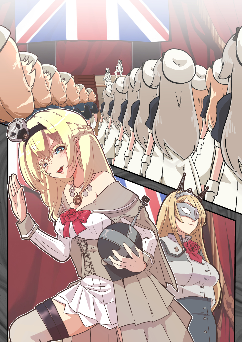 blonde_hair braid commentary_request corset crown dress flower globus_cruciger grey_hair half_up_braid hat highres janus_(kancolle) javelin_(kancolle) jervis_(kancolle) kantai_collection long_hair mask military_uniform mini_crown multiple_views nelson_(kancolle) off-shoulder_dress off_shoulder parody red_flower red_rose rose sailor_hat short_hair tsun&#039;ichi_(tsun1) union_jack warspite_(kancolle) white_corset white_dress white_hat