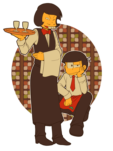 2boys apple apron black_apron bow bowtie buck_teeth cup drinking_glass food fruit hand_on_own_cheek hand_on_own_face holding holding_tray male_focus matsu_symbol multiple_boys one_eye_closed osomatsu-kun osomatsu-san osomatsu_(series) plate apple red_bow red_bowtie teeth tray tsubuta_hiro vest waistcoat waiter