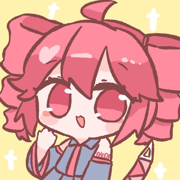 1girl ahoge chibi chibi_only detached_sleeves drill_hair grey_shirt grey_sleeves hand_up hyouenn kasane_teto kasane_teto_(utau) open_mouth red_eyes red_hair shirt sleeveless sleeveless_shirt solo sparkle twin_drills upper_body utau