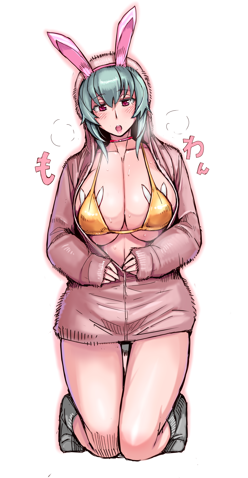1girl animal_ears bikini black_socks blush breasts choker cleavage fake_animal_ears full_body green_hair highres hood hood_up hooded_jacket jacket kneeling large_breasts long_hair long_sleeves looking_at_viewer mature_female open_clothes open_jacket open_mouth original pink_choker pink_eyes pink_jacket rabbit_ears rabbit_pasties simple_background sleeves_past_wrists socks solo sweat swimsuit tsuda_nanafushi undressing white_background yellow_bikini