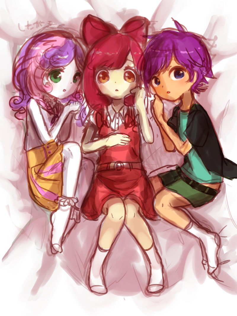 3girls apple_bloom apple_bloom_(equestria_girls) bed bow commentary_request green_eyes green_shorts hair_bow long_hair multiple_girls my_little_pony my_little_pony:_equestria_girls my_little_pony:_friendship_is_magic on_bed personification purple_hair red_bow red_hair scootaloo scootaloo_(equestria_girls) short_hair short_sleeves shorts skirt sleeveless socks sweetie_belle sweetie_belle_(equestria_girls) torio_(tumasakisamui) translation_request white_socks yellow_skirt