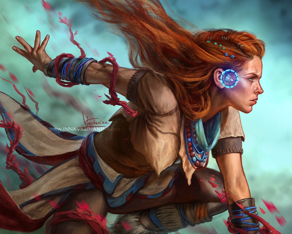 1girl aloy_(horizon) artist_name bandana bandana_around_neck blue_bandana brown_pants from_side green_eyes horizon_(video_game) inna_vjuzhanina jewelry long_hair necklace orange_hair pants short_sleeves signature solo watermark web_address