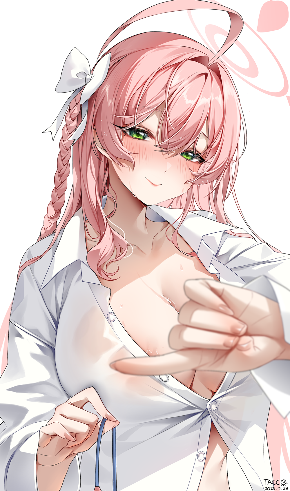 1girl ahoge areola_slip artist_name blue_archive blush bow braid breasts cleavage closed_mouth collarbone collared_shirt crossed_bangs green_eyes hair_bow hair_ornament halo hanako_(blue_archive) hanako_(swimsuit)_(blue_archive) highres holding large_breasts long_hair long_sleeves looking_at_viewer partially_unbuttoned pink_hair shirt solo tacco_(tikeworld) upper_body white_background white_bow white_shirt