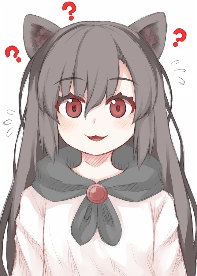 1girl :3 :d ? animal_ears brown_hair dress flying_sweatdrops imaizumi_kagerou long_hair long_sleeves looking_at_viewer open_mouth red_eyes simple_background smile solo touhou white_background white_dress wolf_ears wolf_girl zetsumame