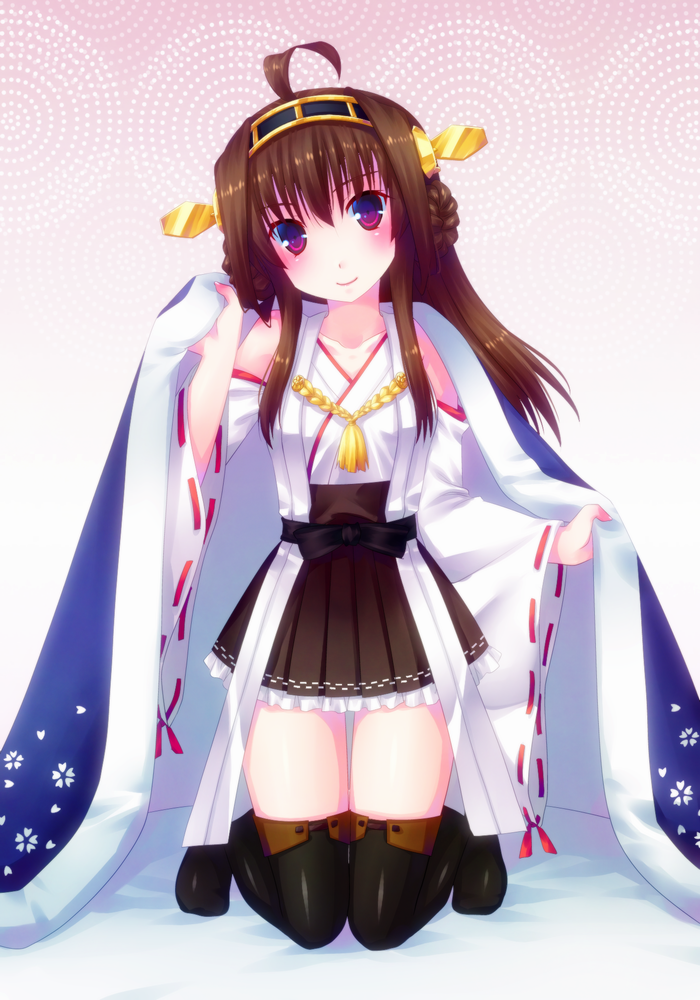 10s 1girl ahoge bad_id bad_pixiv_id blanket brown_hair detached_sleeves door_to_heaven female_focus futon hairband japanese_clothes kantai_collection kneeling kongou_(kancolle) long_hair looking_at_viewer nontraditional_miko purple_eyes smile solo thighhighs wide_sleeves