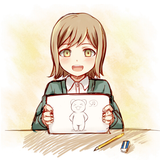 1boy :d bear blush brown_eyes brown_hair collared_shirt commentary_request danganronpa_(series) danganronpa_3_(anime) drawing formal_clothes holding jacket long_sleeves looking_at_viewer male_focus meipoi mitarai_ryota musical_note open_mouth pen shirt short_hair smile solo spoken_musical_note upper_body white_shirt