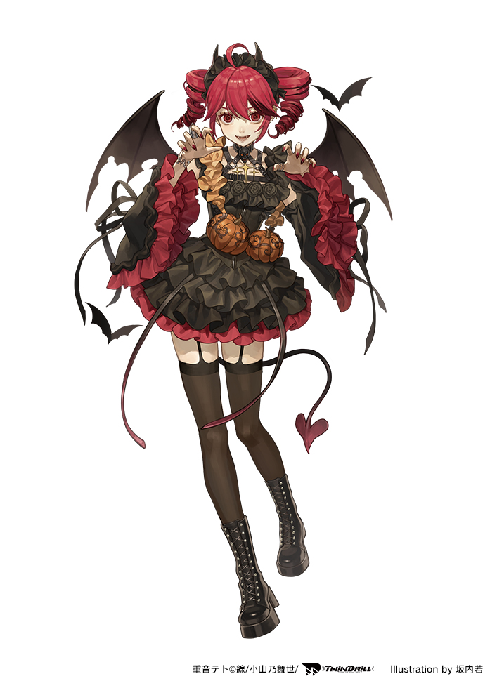 1girl ahoge animal bat_(animal) bat_wings belt_boots black_boots blush boots bow demon_tail detached_sleeves dress drill_hair fang fingernails full_body halloween halloween_costume horn_ornament horns jewelry kasane_teto kasane_teto_(halloween) layered_skirt long_sleeves looking_at_viewer official_art open_mouth pumpkin pumpkin_ornament red_eyes red_hair red_nails ring sakauchi_waka simple_background skirt skirt_set skull skull_ornament solo star_ornament tachi-e tail teeth thighhighs twin_drills upper_teeth_only utau vampire_costume white_background wings zettai_ryouiki