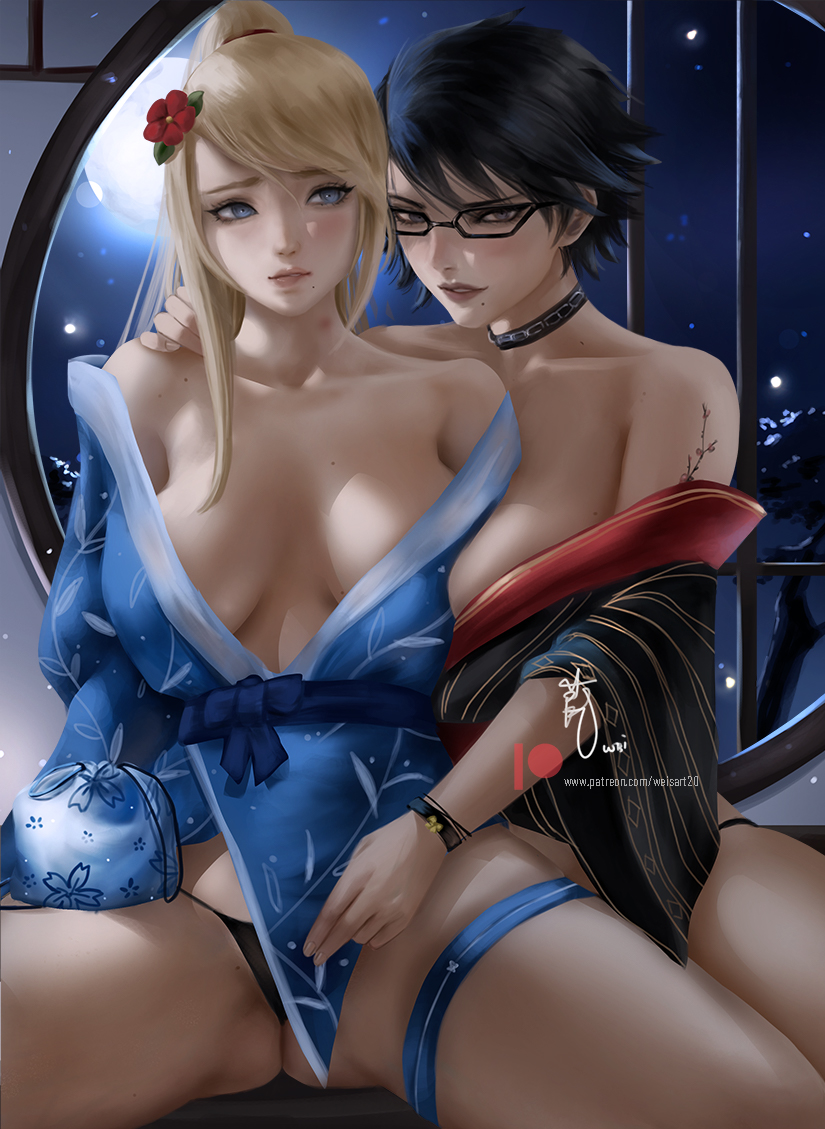 2girls ass bare_shoulders bayonetta bayonetta_(series) bayonetta_2 black_hair black_panties blonde_hair breasts choker crossover crotch_rub fingering fingering_gesture fingering_through_clothes flower glasses gluteal_fold hair_flower hair_ornament japanese_clothes kimono lips looking_at_viewer metroid mole mole_on_breast mole_on_shoulder multiple_girls nervous nintendo off_shoulder panties panty_peek partially_undressed ponytail robe_slip rubbing sagging_breasts samus_aran seductive_smile short_hair smile spread_legs super_smash_bros. tattoo thick_thighs thigh_strap thighs thong through_clothes underwear wei_(promise_0820) yukata yuri