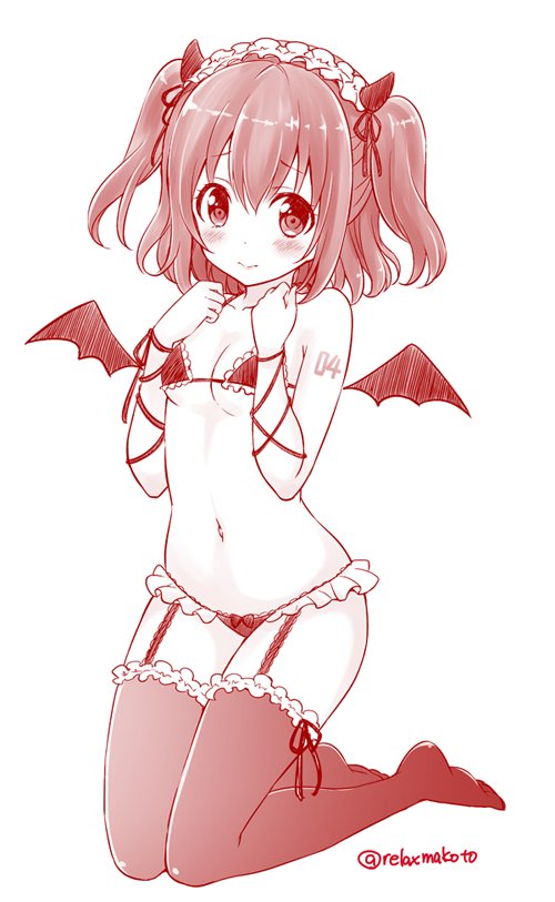 10s 1girl :&gt; arm_tattoo bad_id bad_twitter_id bikini blush breasts clenched_hands demon_wings female_focus frilled_bikini frilled_thighhighs frills full_body hairband kneeling kurosawa_ruby lolita_hairband looking_at_viewer love_live! love_live!_sunshine!! micro_bikini monochrome navel no_shoes red_theme ribbon sakurai_makoto_(custom_size) simple_background small_breasts solo swimsuit tattoo thighhighs twitter_username two_side_up white_background wings wrist_ribbon
