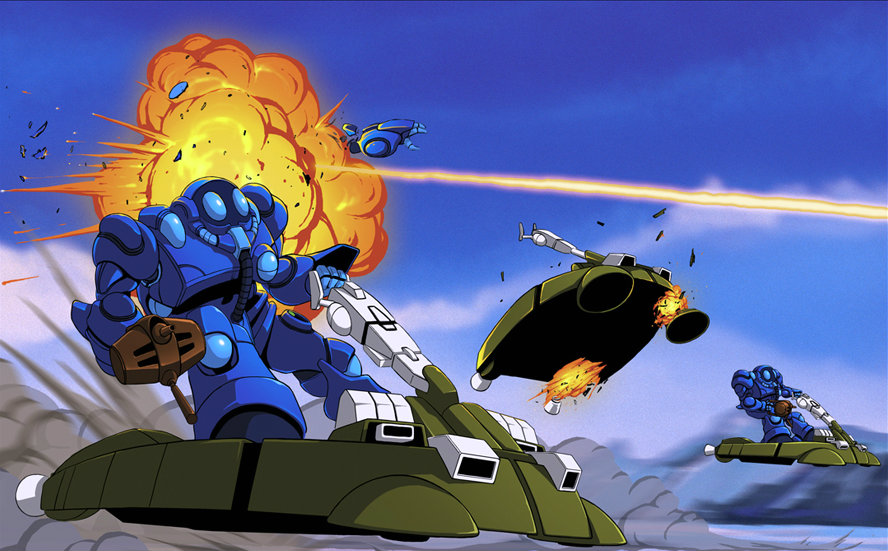 alien army battle bioroid choujikuu_kidan_southern_cross cloud damaged day debris destruction dust energy_beam energy_gun explosion fake_screenshot fleet flying flying_saucer mecha motion_blur mountain ray_gun riding robot science_fiction southern_cross spacecraft vulnepro weapon zor