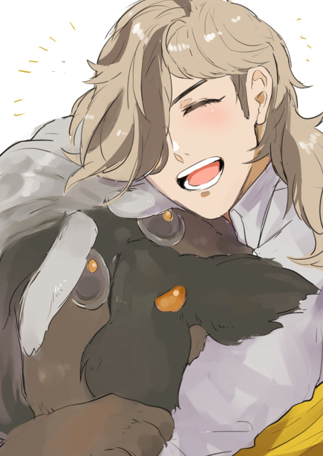 1boy arm_around_neck arven_(pokemon) brown_fur closed_eyes dog facial_hair hair_over_one_eye happy hug long_hair looking_at_another mabosstiff male_focus multicolored_hair mustache nintendo open_mouth pokemon pokemon_sv red_nose sideburns simple_background solo streaked_hair sunorsa teeth thick_eyebrows tongue white_background