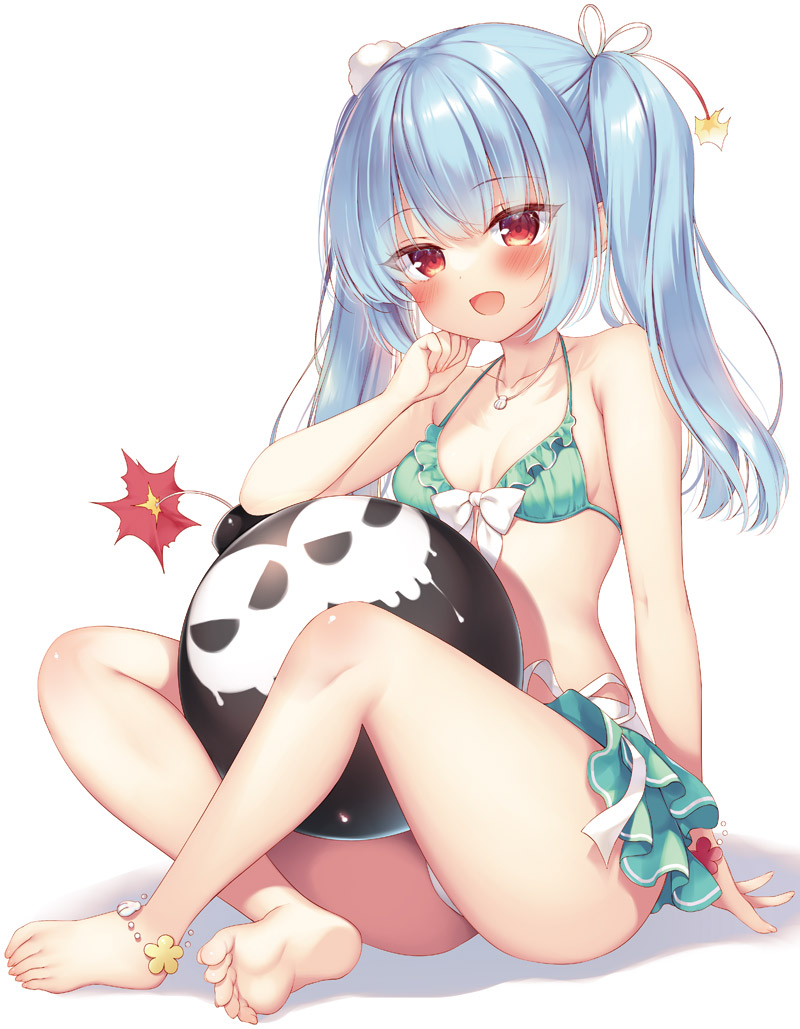 1girl anklet arm_support barefoot bikini blue_hair bomb bow bracelet breasts cleavage collarbone explosive feet flower_anklet flower_bracelet front-tie_bikini_top front-tie_top green_bikini hand_on_own_cheek hand_on_own_face jewelry legs light_blue_hair necklace original red_eyes sazaki_ichiri sitting small_breasts soles solo swimsuit toenails toes twintails white_background white_bow