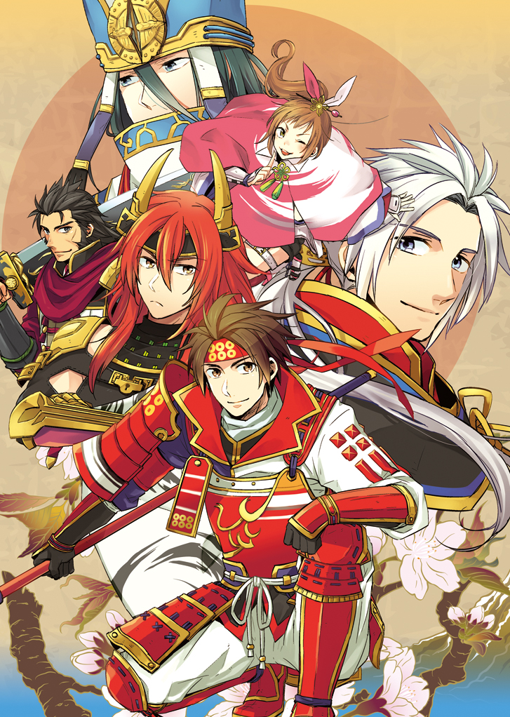 armor black_hair brown_hair coat headdress ishida_mitsunari kunoichi_(sengoku_musou) male_focus one_eye_closed otani_yoshitsugu polearm sanada_nobuyuki sanada_yukimura_(sengoku_musou) sengoku_musou shima_sakon spear weapon white_hair wink