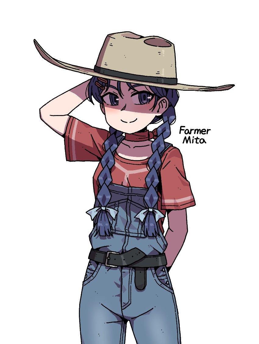 1girl arm_behind_head arm_up belt belt_buckle black_belt blue_eyes blue_hair braid brown_hat buckle character_name closed_mouth collarbone commentary commission english_commentary english_text hair_ornament hairclip hat karepack long_hair miside overalls red_shirt shirt short_sleeves simple_background smile solo twin_braids white_background
