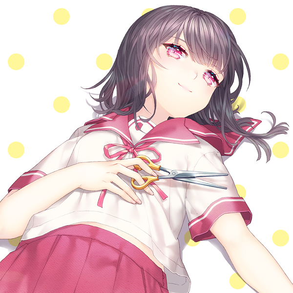 1girl black_hair closed_mouth female_focus hand_on_own_stomach holding holding_scissors lying on_back original pink_eyes pink_skirt pleated_skirt polka_dot polka_dot_background saban school_uniform scissors serafuku simple_background skirt smile solo tile_floor tiles white_background