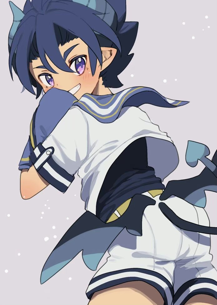 1boy black_undershirt blue_hair blush child demon_boy demon_tail demon_wings from_behind great_kichi hair_between_eyes horns looking_at_viewer looking_back low_wings mini_wings open_mouth pointy_ears pop-up_story purple_eyes sailor sailor_collar shirt short_sleeves shorts simple_background smile solo tail teeth tsurime white_background white_shirt white_shorts wings ziz_glover
