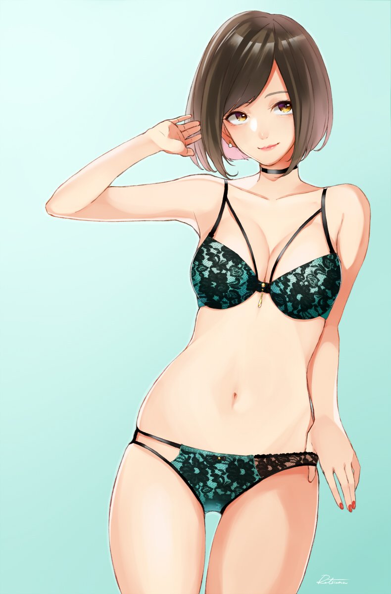 brown_hair choker earrings green_eyes highres idolmaster idolmaster_cinderella_girls jewelry maekawa_miku multi-strapped_panties panties retsuna short_hair solo underwear underwear_only