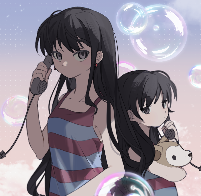 2girls age_comparison bare_arms bare_shoulders black_hair bubble camisole cat closed_mouth collarbone commentary_request corded_phone dual_persona earrings expressionless hand_up holding holding_phone hrdrifter jewelry long_hair looking_at_viewer looking_to_the_side multiple_girls phone red_camisole shimako_(yume_2kki) striped_camisole white_cat yume_2kki