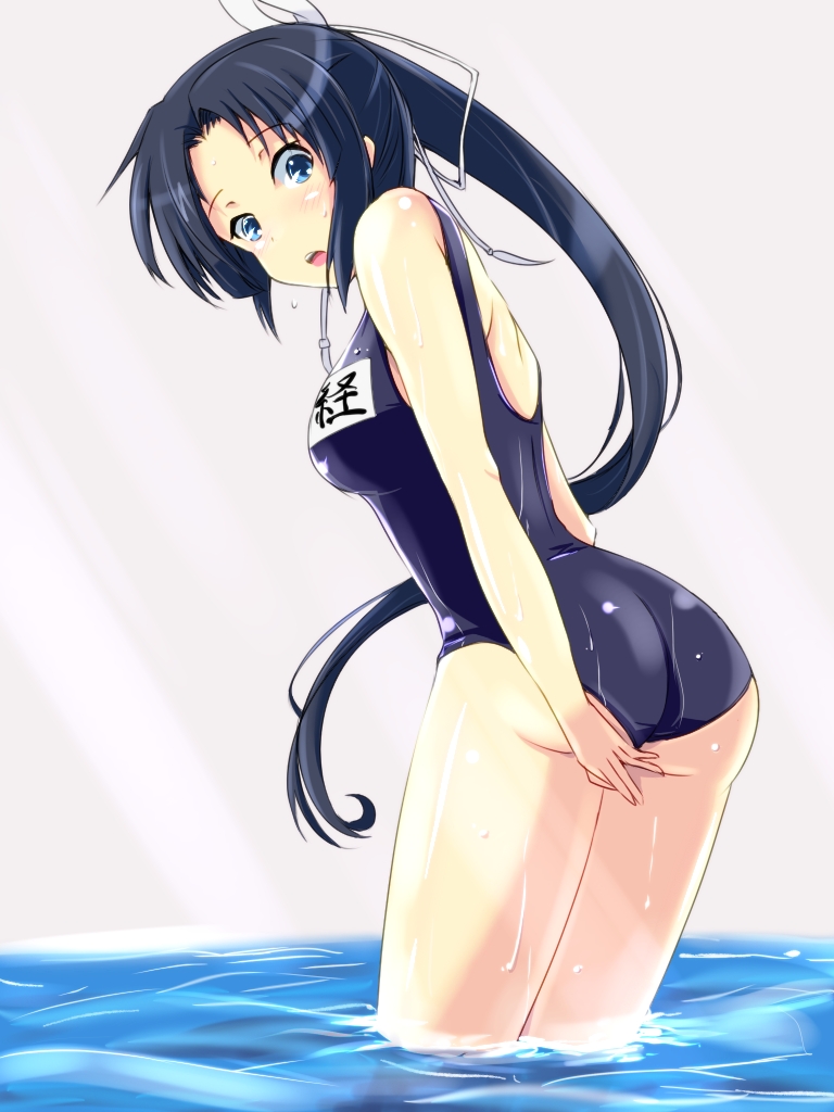 1girl ass bad_id bad_pixiv_id black_hair blue_eyes female_focus kichihachi long_hair maji_de_watashi_ni_koi_shinasai! maji_de_watashi_ni_koi_shinasai!_s minamoto_yoshitsune one-piece_swimsuit ponytail school_swimsuit soaking_feet solo swimsuit wading water wet