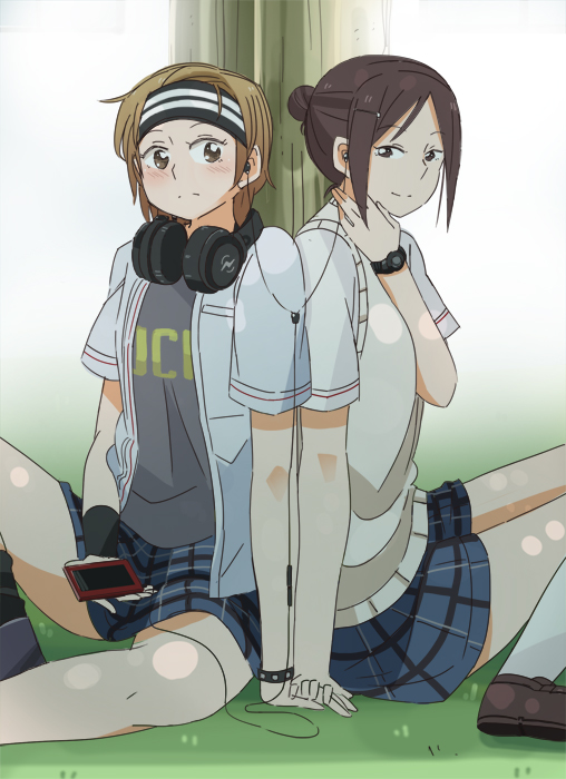 2girls ariu_aki blush brown_eyes brown_footwear brown_hair clothes_writing couple earphones frown hair_bun headband headphones holding_hands koba_youka miya_(miyabi_24) multiple_girls okujou_no_yurirei-san shade shared_earphones shoes short_sleeves single_hair_bun sitting skirt smile tree watch wristwatch yuri
