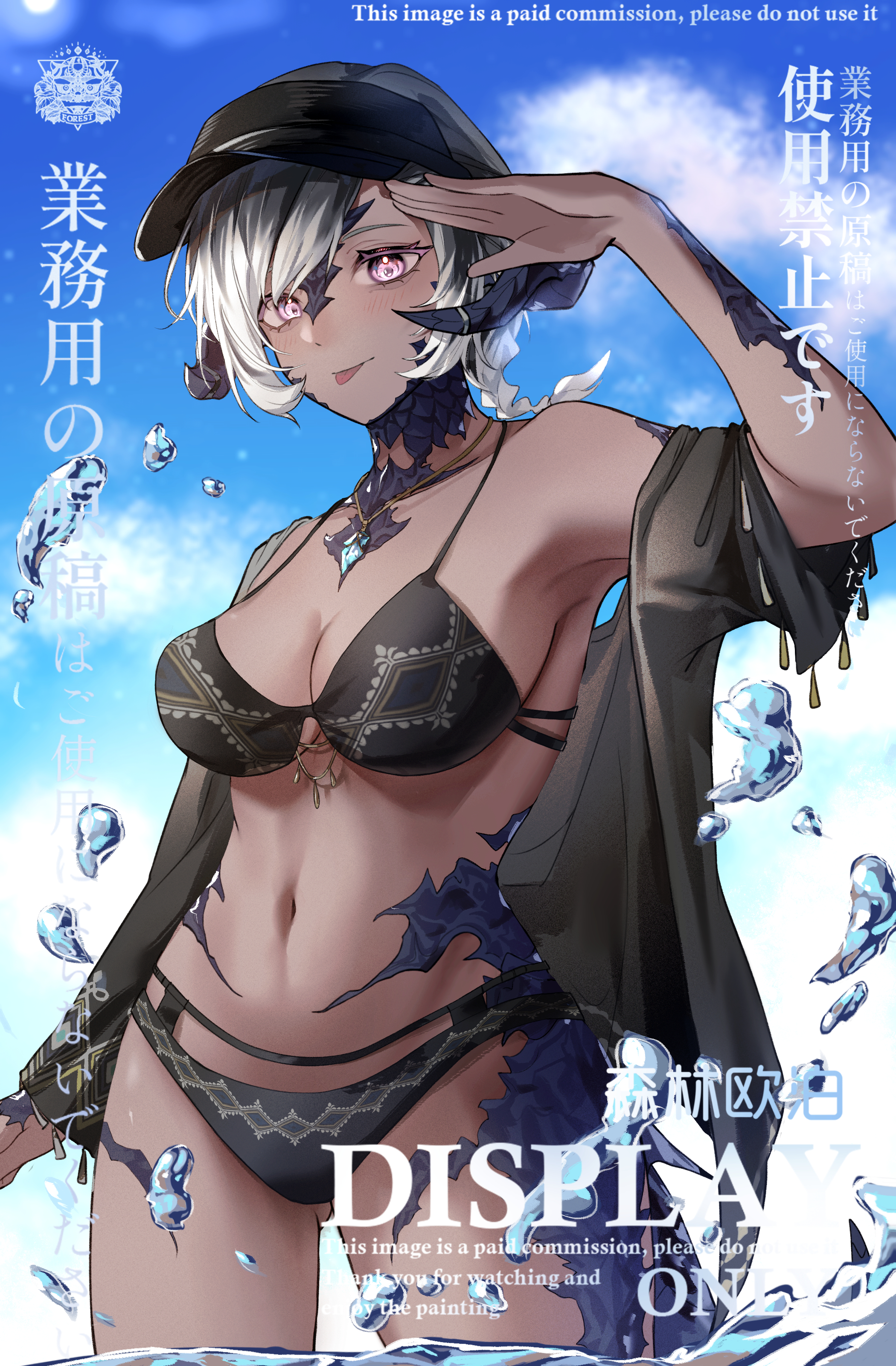 1girl :p absurdres arm_up au_ra bare_shoulders bikini black_bikini black_horns black_jacket blue_sky braid closed_mouth cloud cloudy_sky cowboy_shot dark-skinned_female dark_skin final_fantasy final_fantasy_xiv grey_hair highres horns jacket jewelry looking_at_viewer morisenlin navel necklace open_clothes open_jacket outdoors partially_submerged pink_eyes salute scales sky swimsuit tongue tongue_out water water_drop