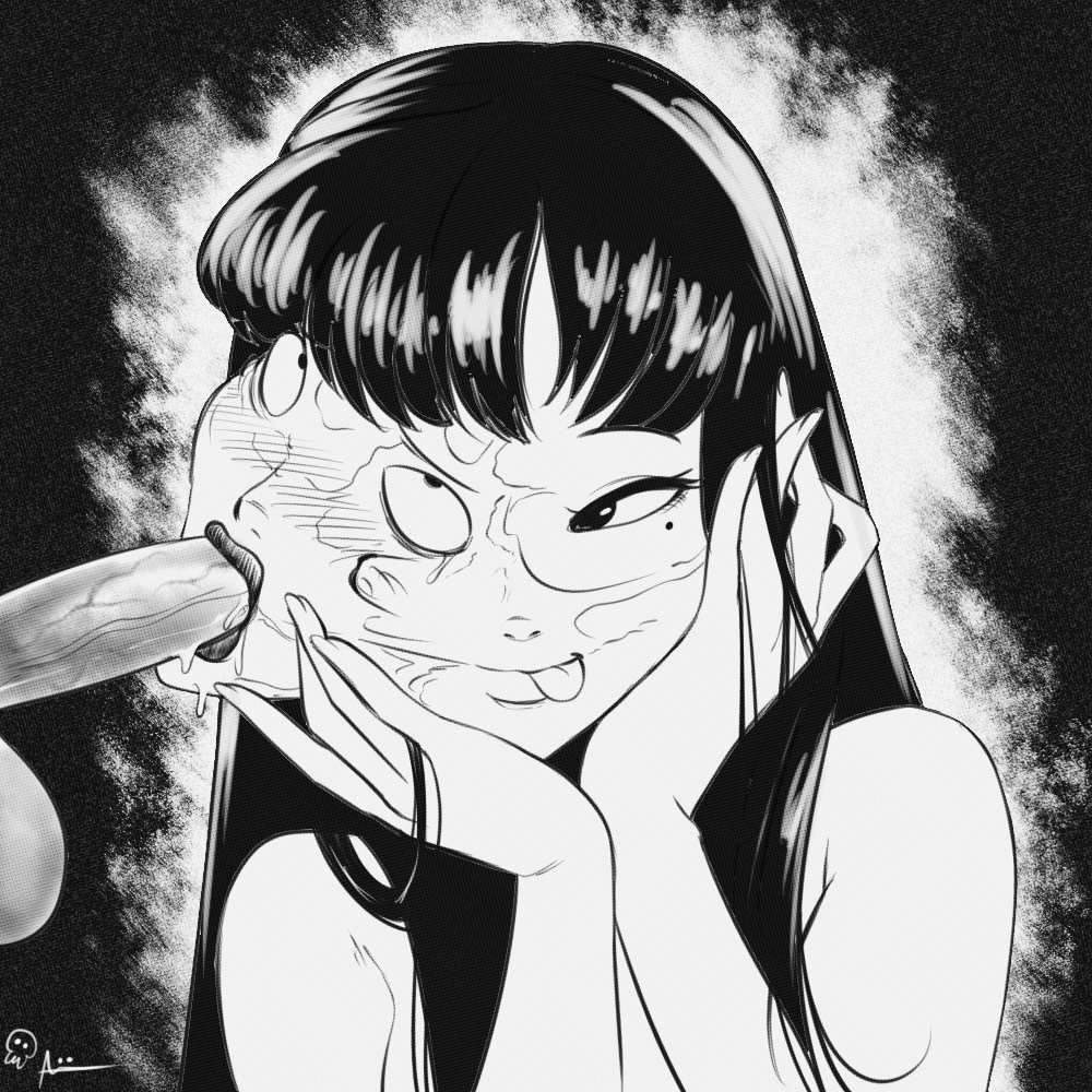 1boy 1girl :&gt;= aobacarry black_eyes black_hair body_horror closed_mouth completely_nude erection fellatio greyscale hands_on_own_cheeks hands_on_own_face hetero horror_(theme) kawakami_tomie licking_lips lips long_hair looking_at_penis mole mole_under_eye monochrome nude oral penis rolling_eyes saliva signature smile solo_focus testicles tomie tongue tongue_out upper_body veins veiny_penis what