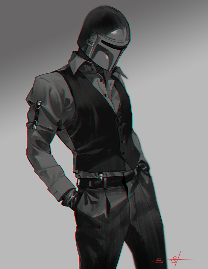 1boy alternate_costume belt collared_shirt commentary din_djarin english_commentary gloves greyscale hands_in_pockets helmet leaning_back looking_down male_focus mandalorian monochrome sarah_stone shirt signature solo spot_color star_wars the_mandalorian vest