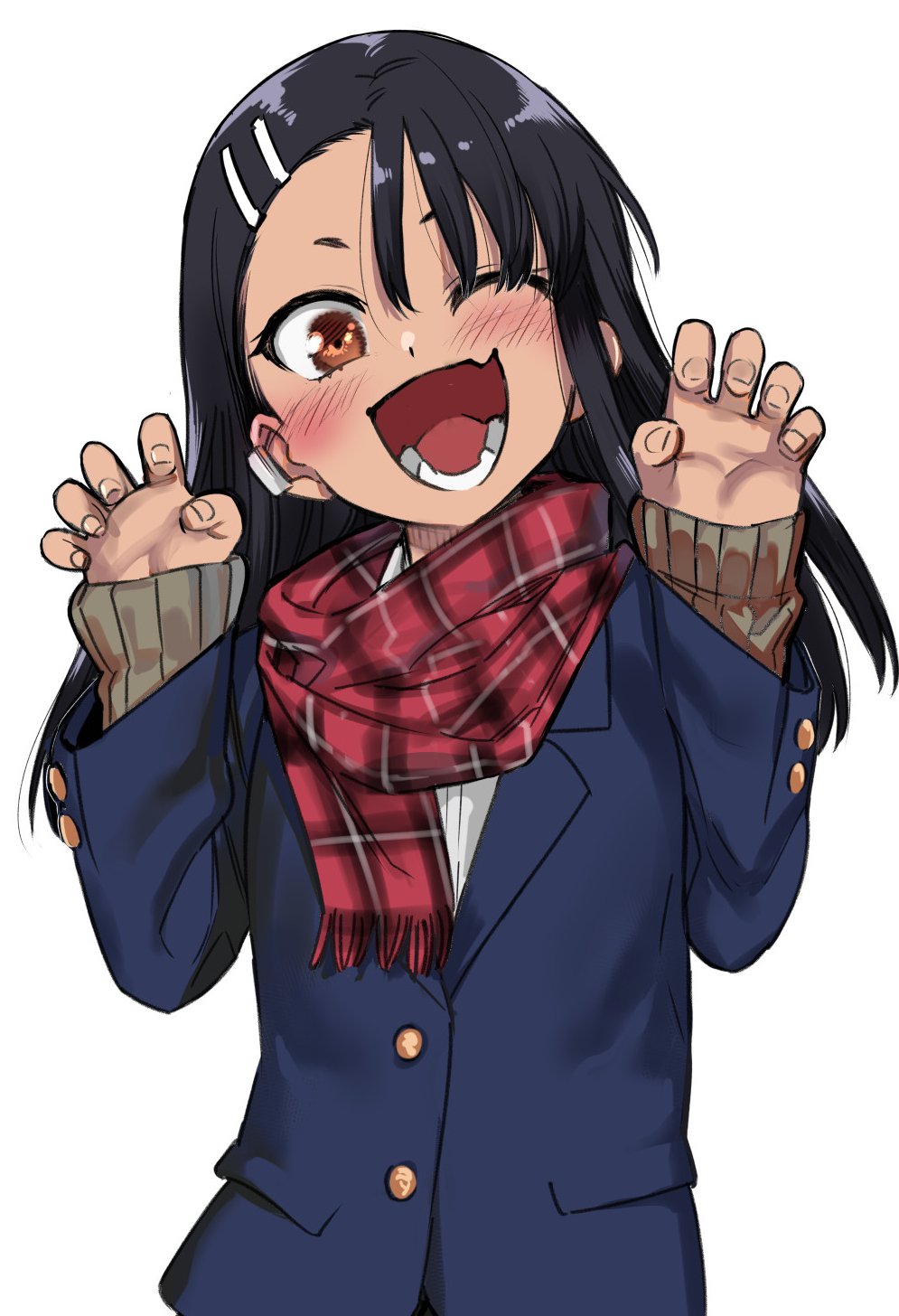 1girl 774_(nanashi) ;d black_hair blush brown_eyes commentary_request fingernails hair_ornament hairclip hands_up highres ijiranaide_nagatoro-san long_hair looking_at_viewer lower_teeth_only nagatoro_hayase one_eye_closed open_mouth plaid_clothes plaid_scarf red_scarf scarf simple_background smile solo teeth white_background