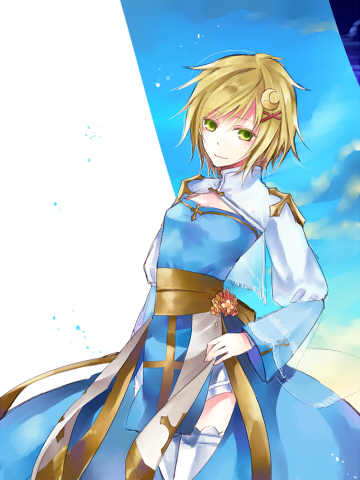 1girl arch_bishop_(ragnarok_online) blonde_hair blue_dress blue_sky breasts cleavage_cutout closed_mouth clothing_cutout commentary_request cowboy_shot crescent crescent_hair_ornament cross dress flower green_eyes hair_ornament juliet_sleeves long_sleeves looking_at_viewer lowres pink_flower puffy_sleeves ragnarok_online sash short_hair sky small_breasts smile solo thighhighs two-tone_dress wane_(ruki) white_dress white_thighhighs x_hair_ornament yellow_sash