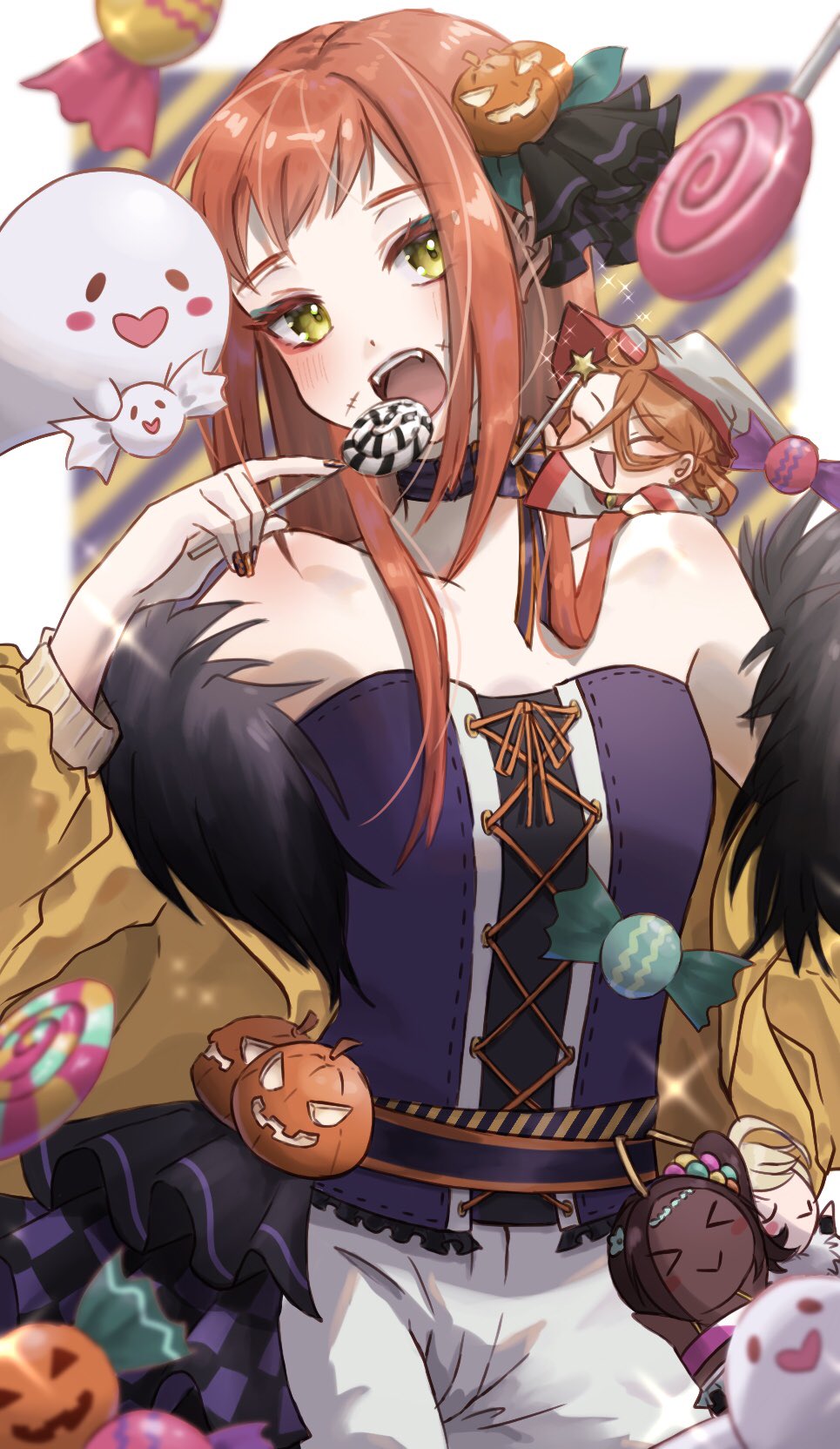 1girl :d black_bow blurry blurry_background border bow brother_and_sister candy commentary_request eyelashes fangs fire_emblem fire_emblem_engage food frilled_bow frills ghost hair_bow halloween highres holding holding_candy holding_food jack-o&#039;-lantern long_hair looking_at_viewer merrin_(fire_emblem) mini_person miniboy minigirl nintendo open_mouth orange_hair outside_border pandreo_(fire_emblem) panette_(fire_emblem) siblings smile standing stitches teeth timerra_(fire_emblem) tondemoneeds upper_teeth_only white_border yellow_eyes