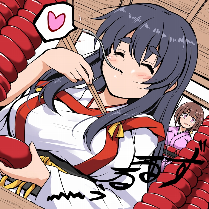 2girls black_hair blush bowl breasts brown_hair chopsticks eating food hair_ribbon heart japanese_clothes kimono large_breasts morioka_(oshiro_project) multiple_girls noodles open_mouth oshiro_project:re ribbon soba spoken_heart table thick_eyebrows tsuzuri_(tuzuri) upper_body wanko_soba